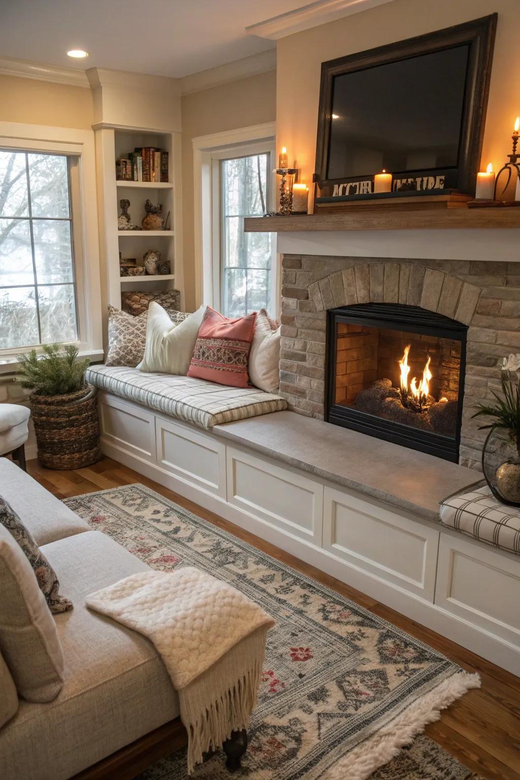 Bench seating offers comfortable, practical fireplace seating.