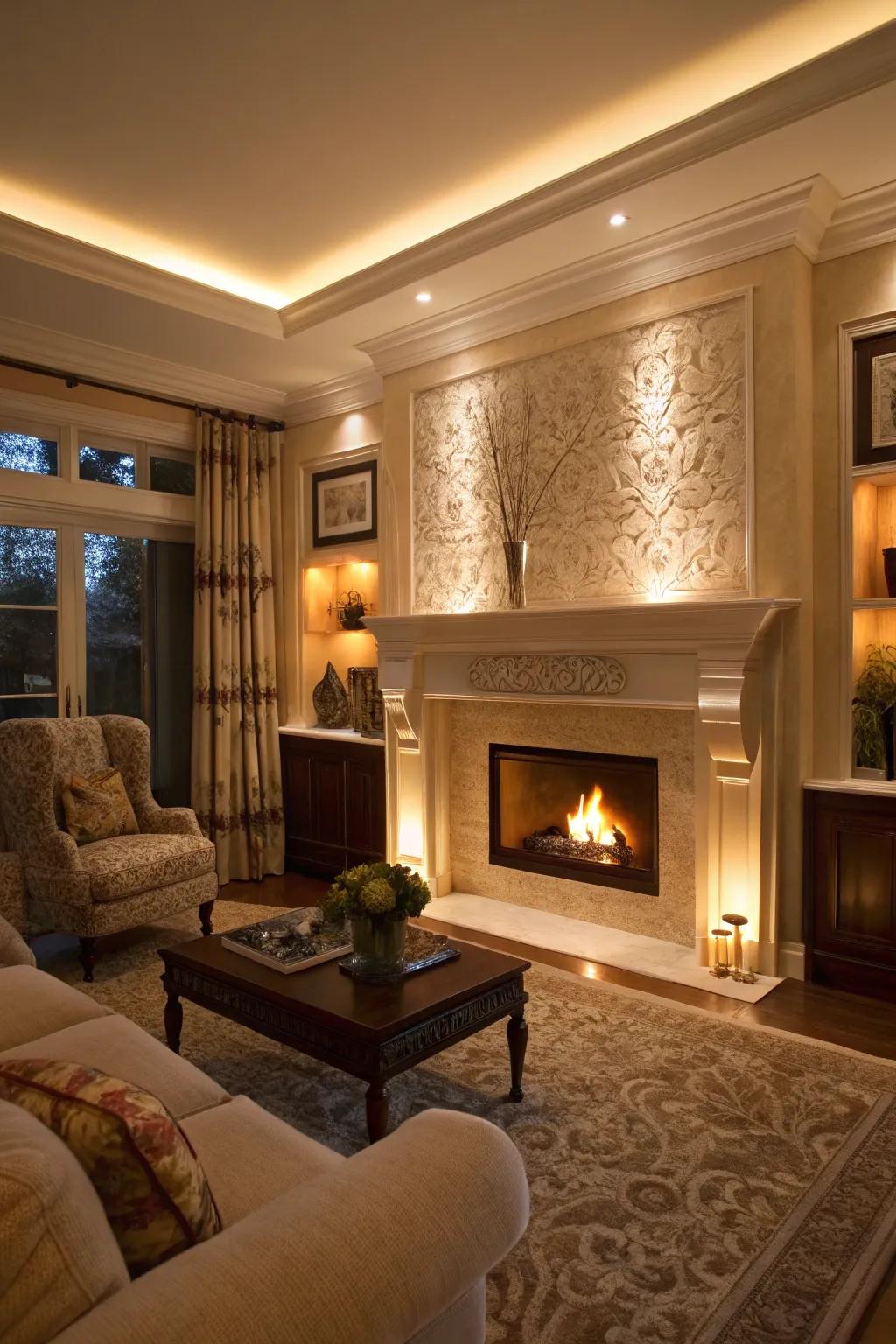 Strategic lighting highlights fireplace built-in architecture beautifully.