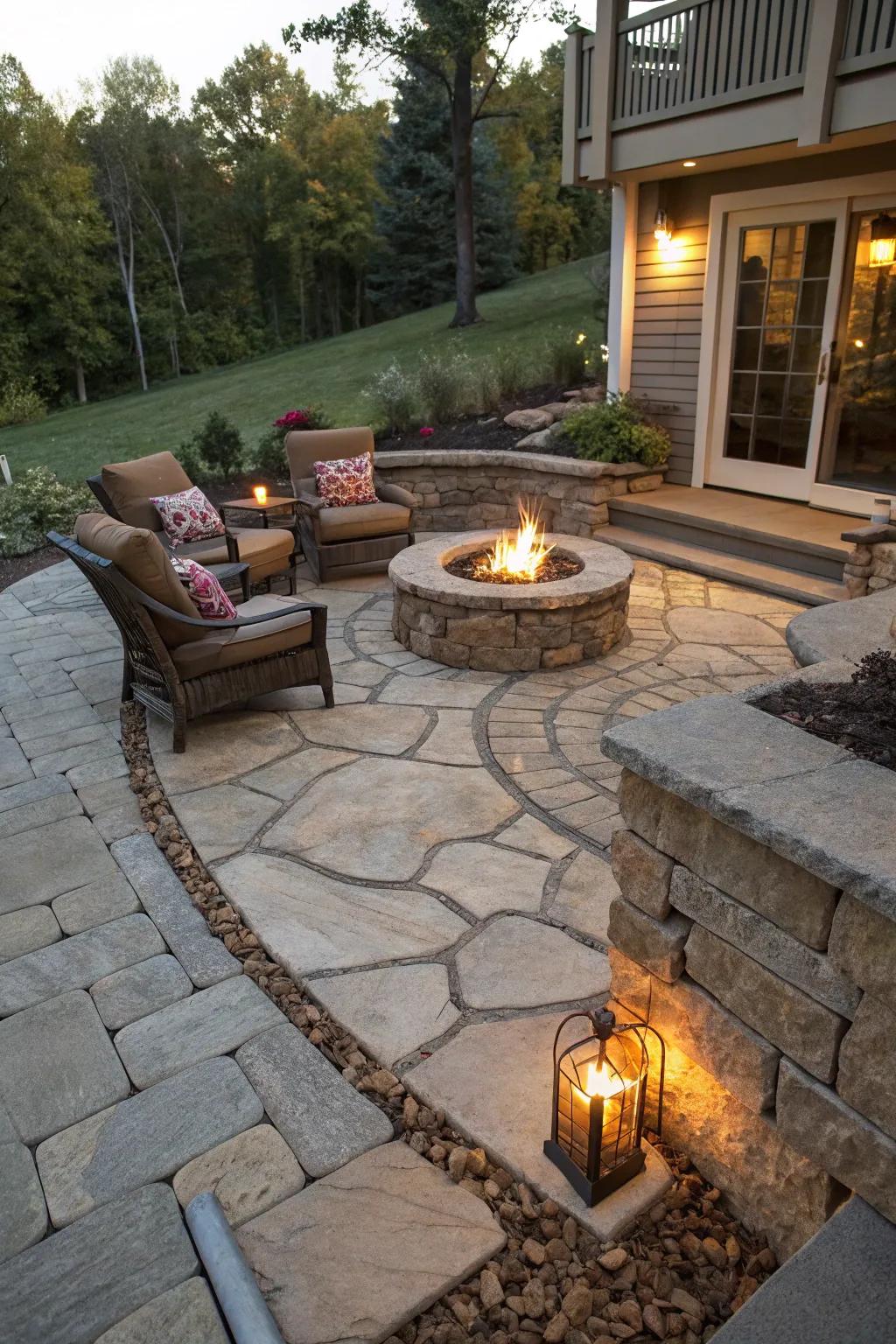 Integrated built-in firepit enhancing patio aesthetics