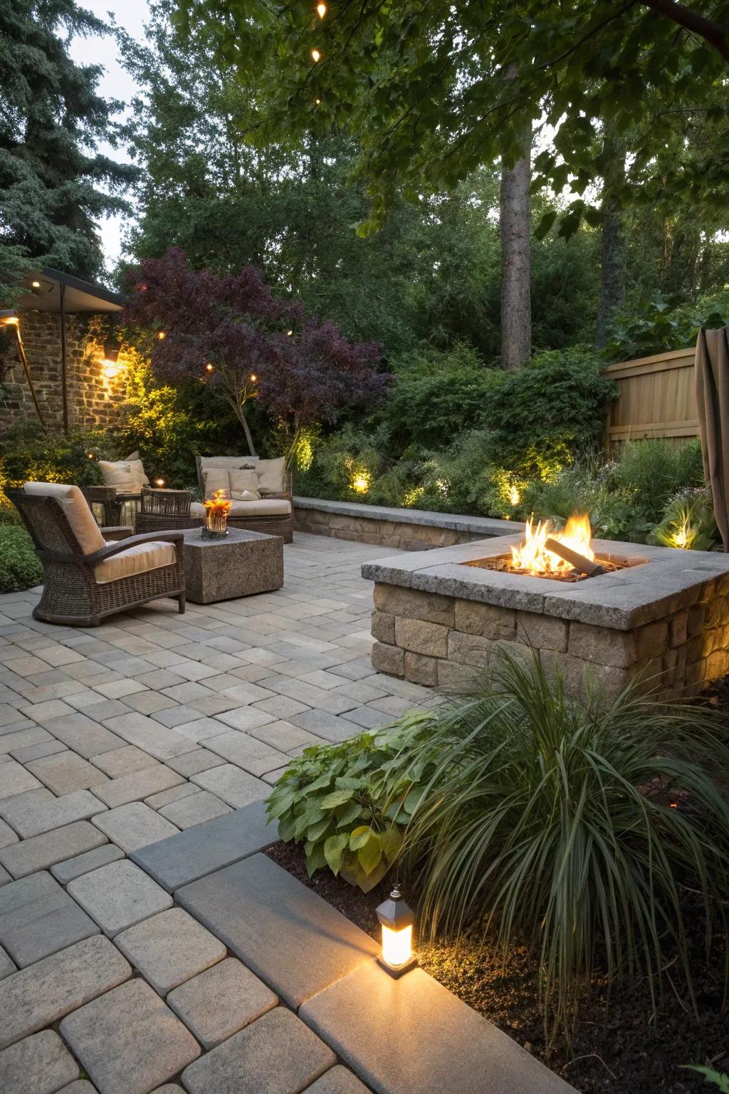 Classic paver stone flooring beside a firepit