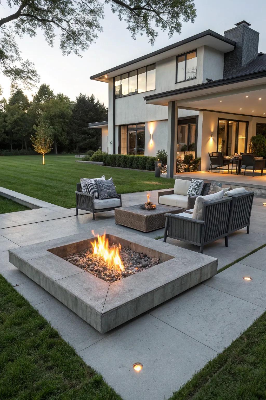 Sleek and robust concrete patio base under a firepit