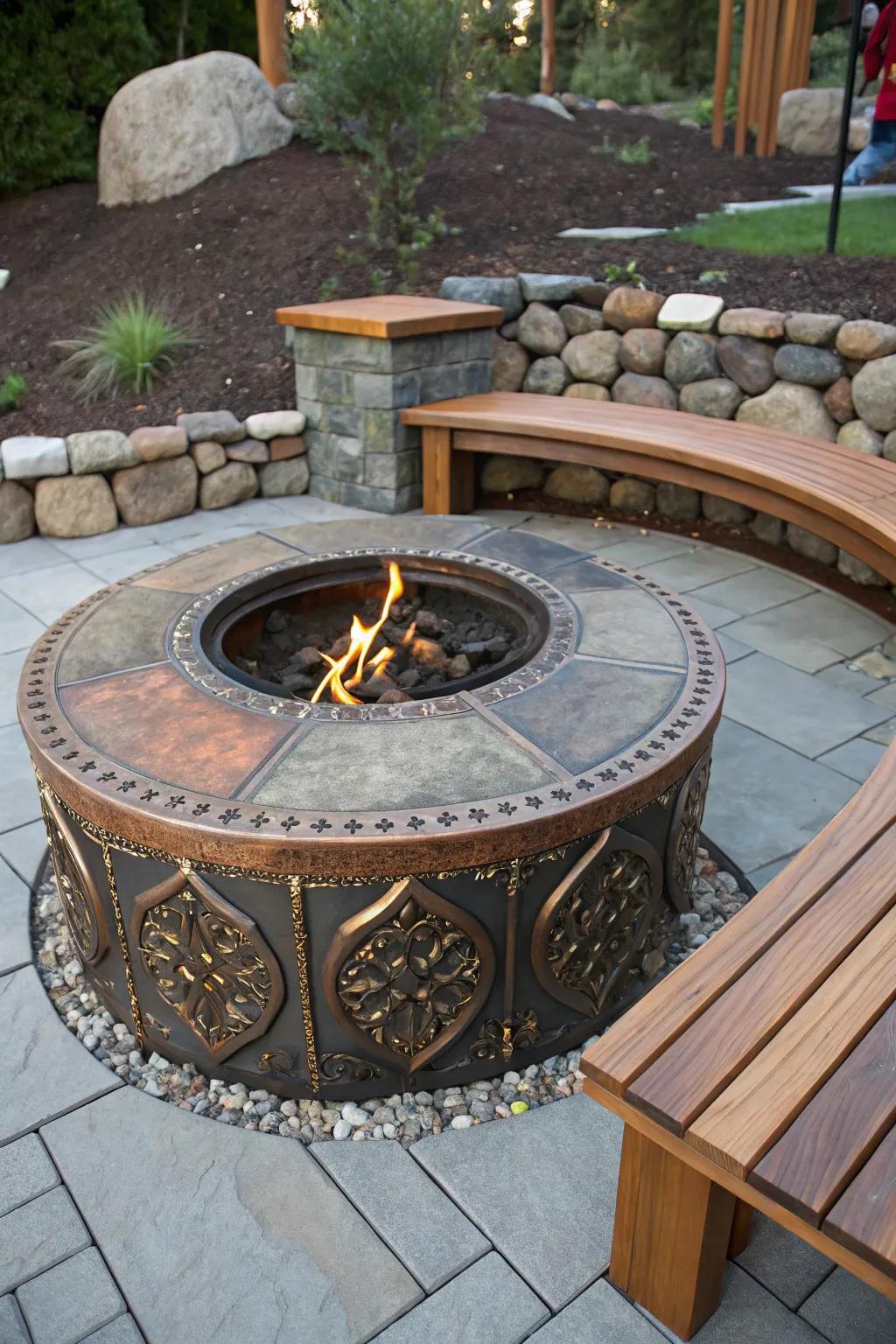 Custom-designed firepit complementing patio style