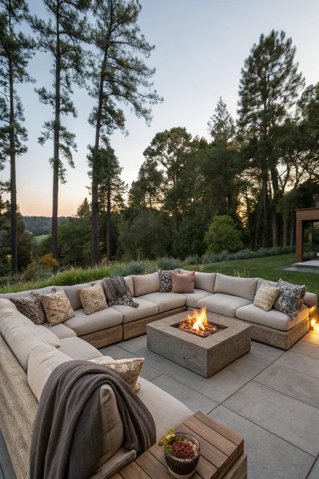 Comfortable sectional sofa arranged around an outdoor firepit