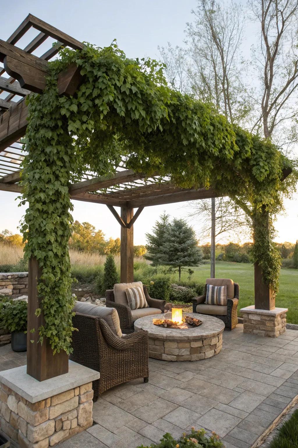Elegant wooden pergola shading firepit area