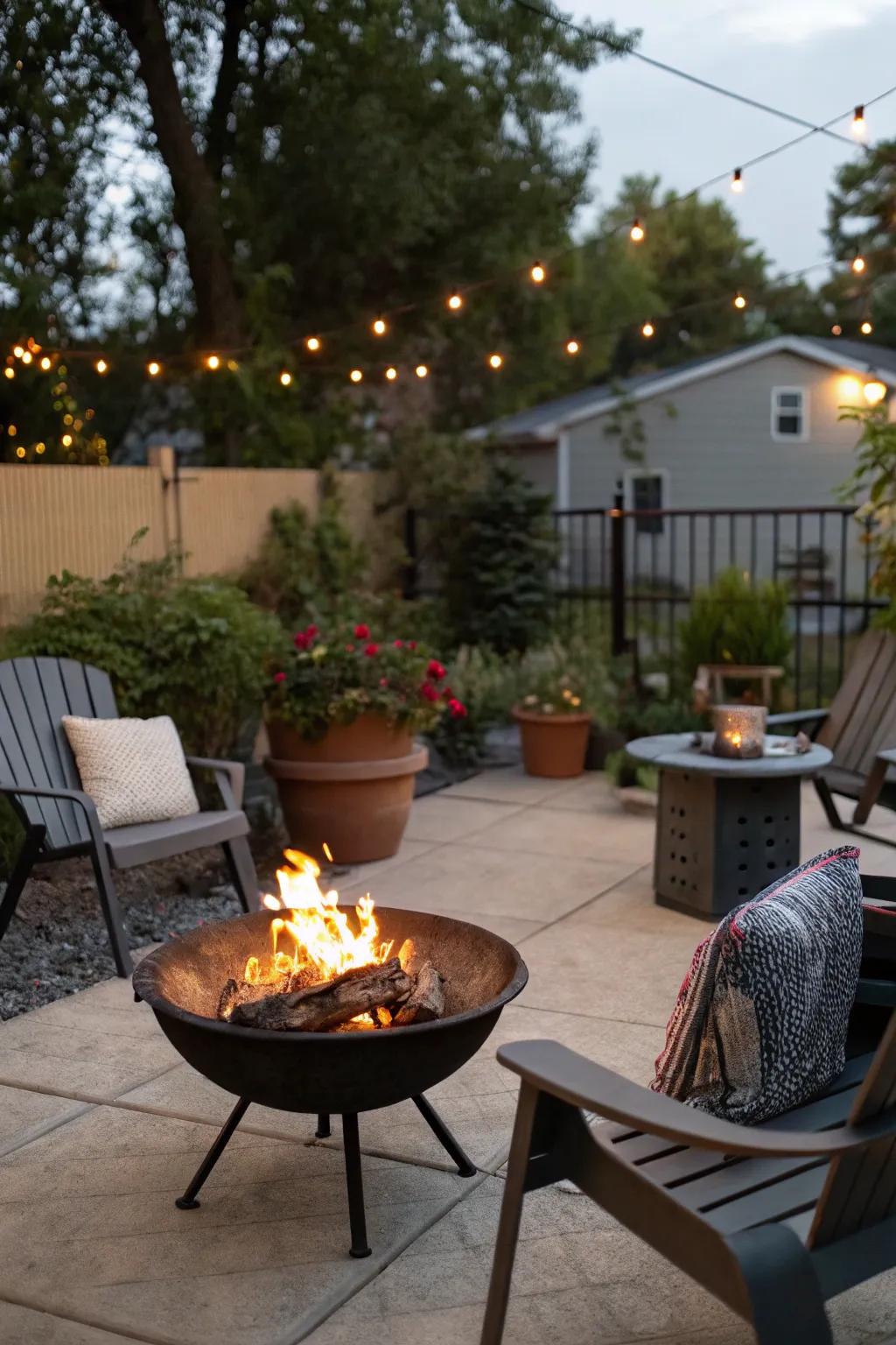 Portable fire bowl enhancing various outdoor settings