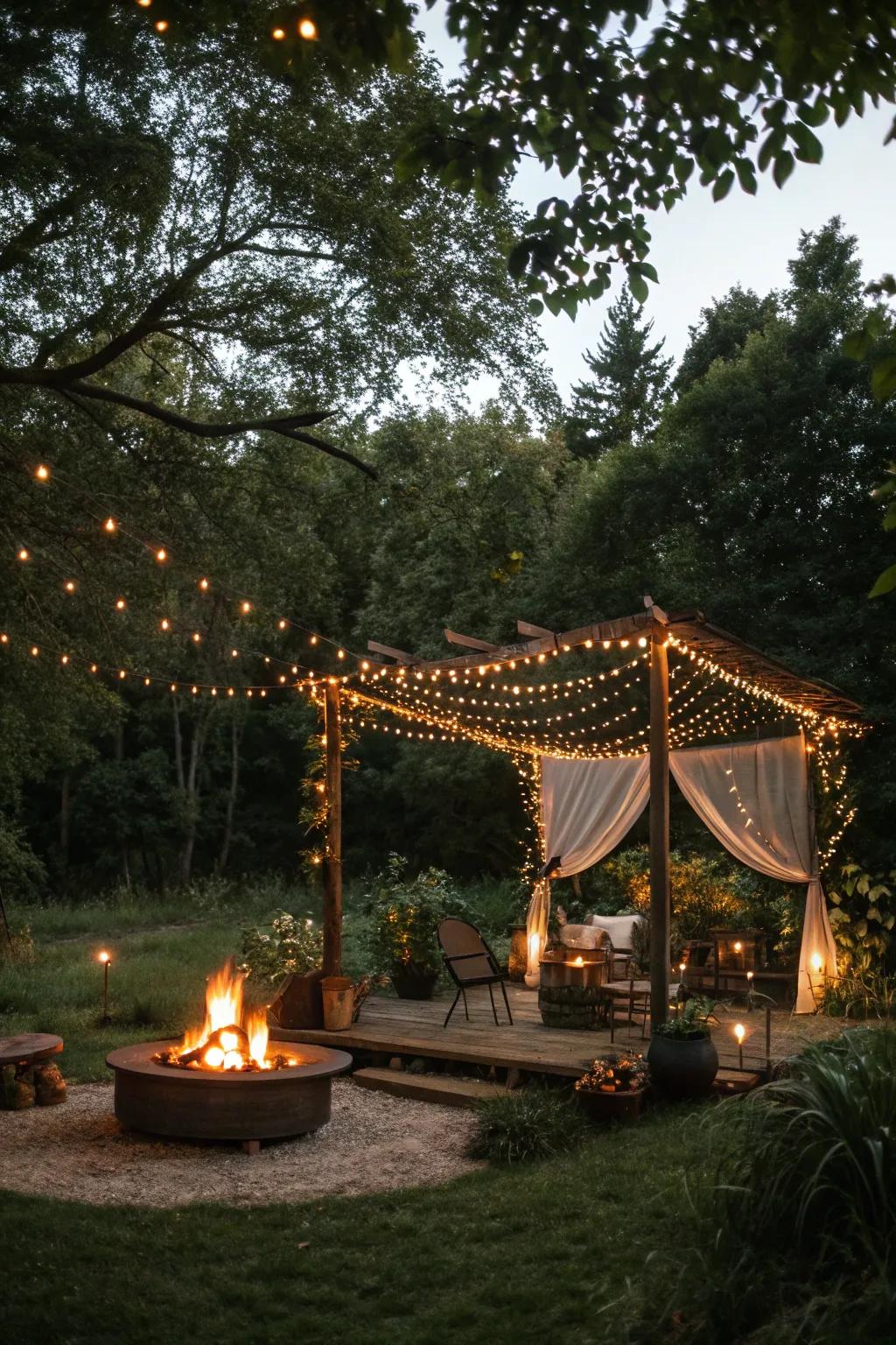 Outdoor patio with a magical fairy light canopy