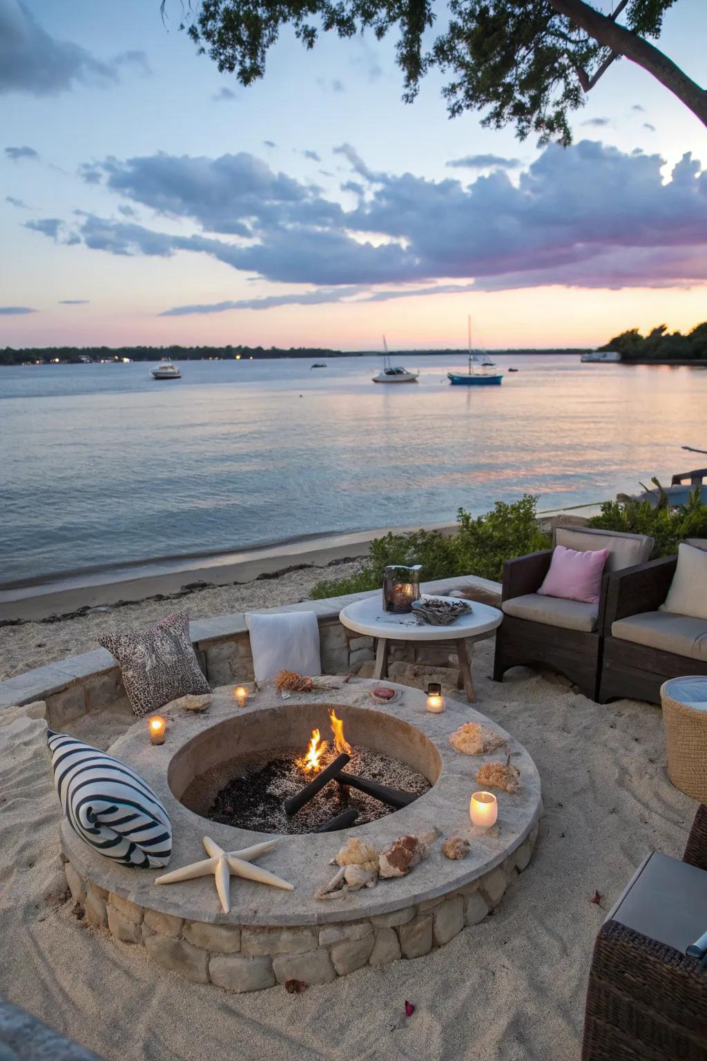 Coastal decor firepit area evoking beachside relaxation