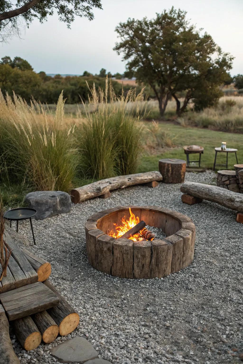 Rustic gravel flooring around a backyard firepit