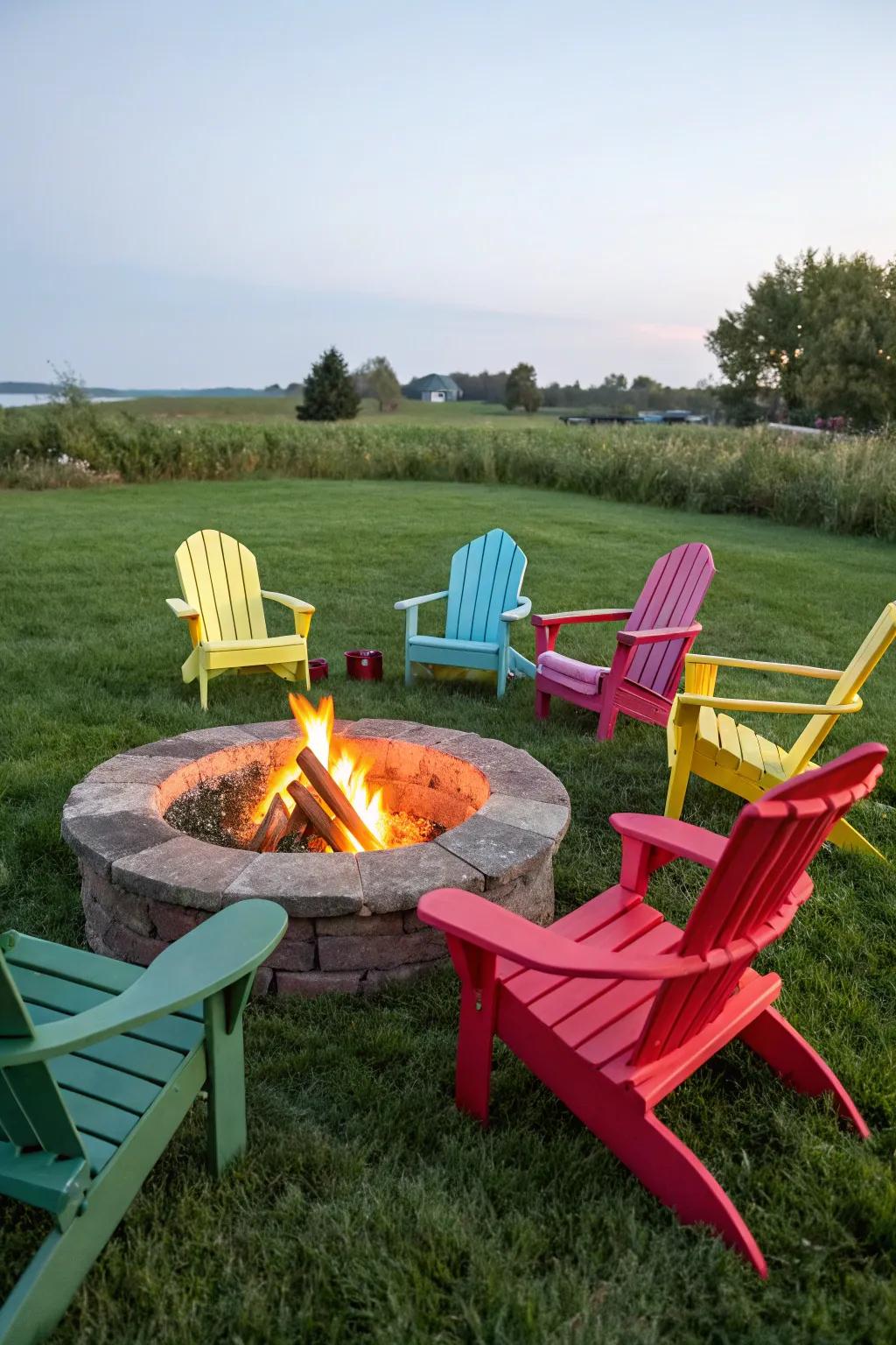 Colorful Adirondack chairs enhancing firepit ambiance