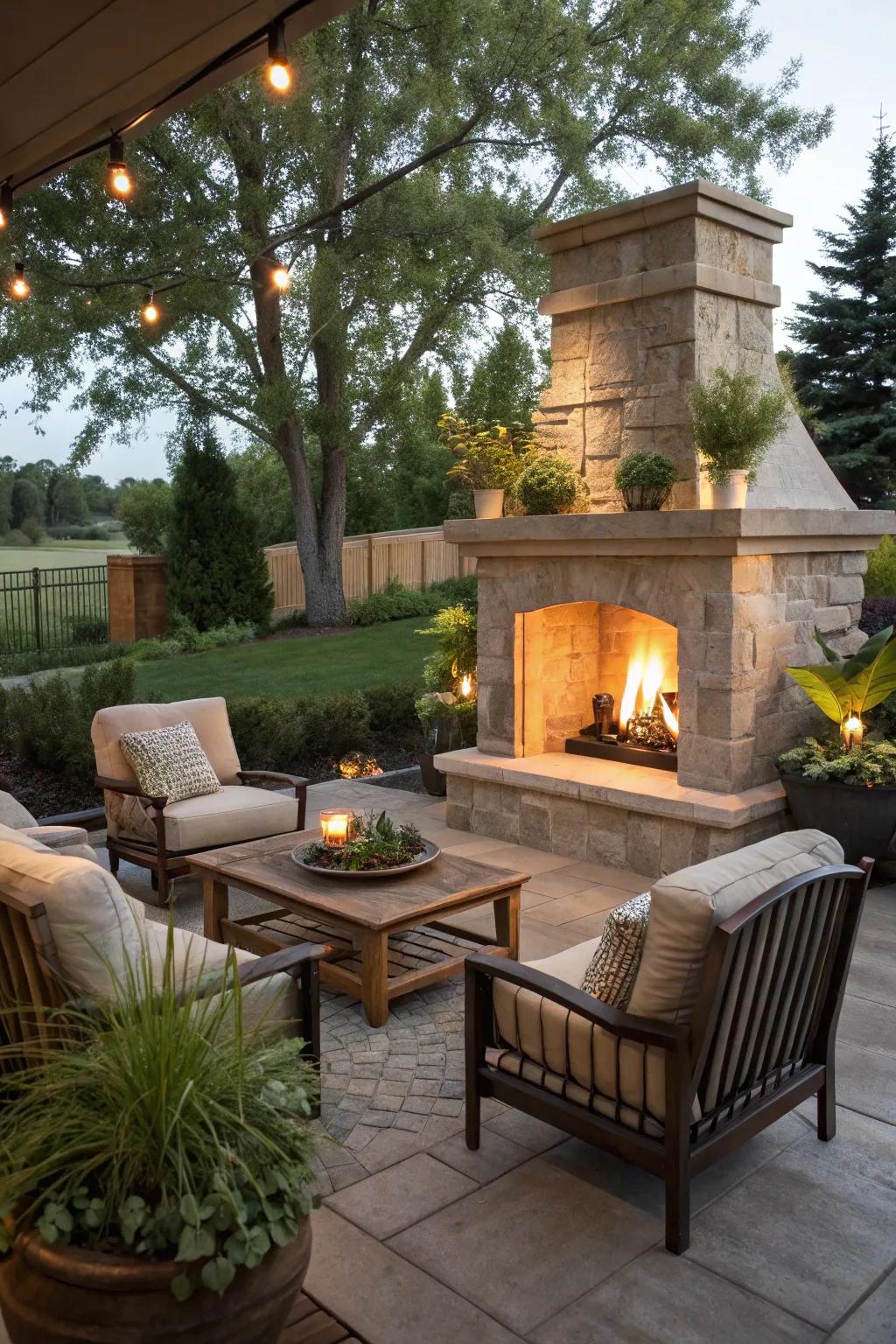 Grand outdoor fireplace providing warmth and style