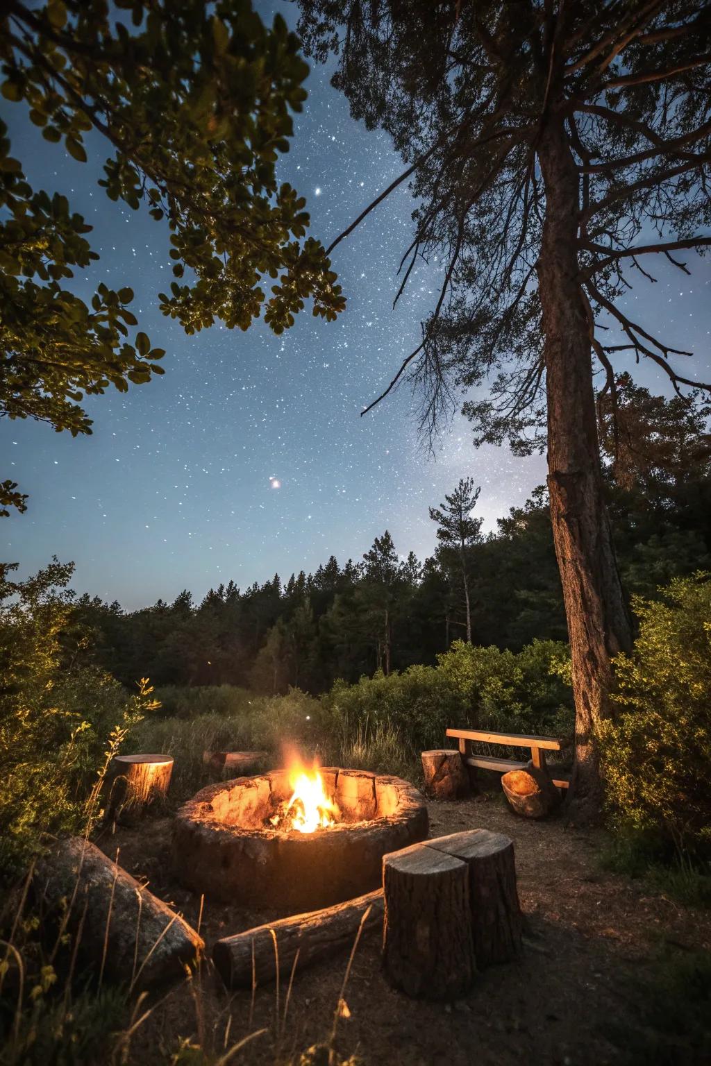 Rustic log seating creating a cozy, natural firepit area