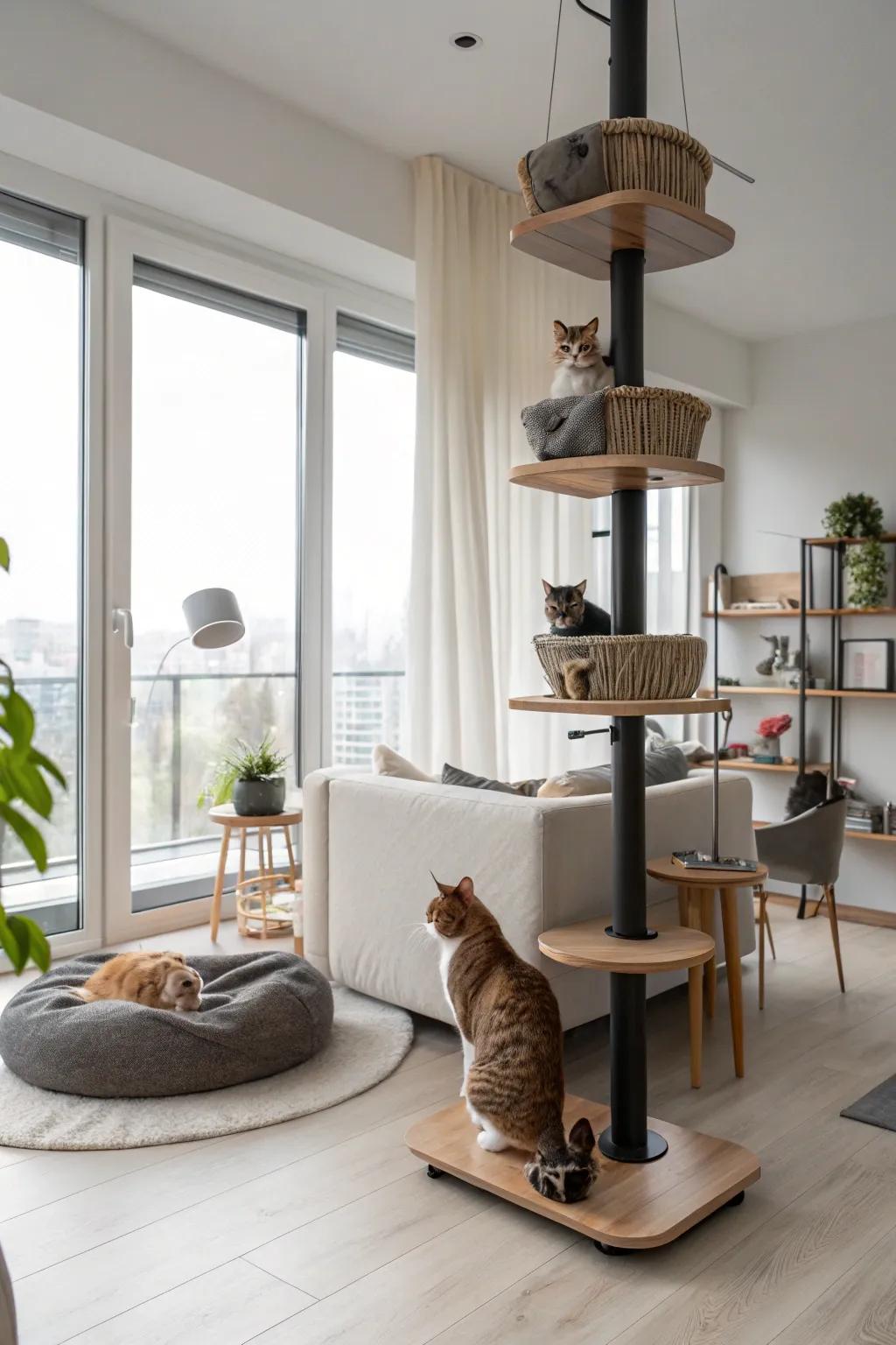Multi-story cat house providing vertical playground.