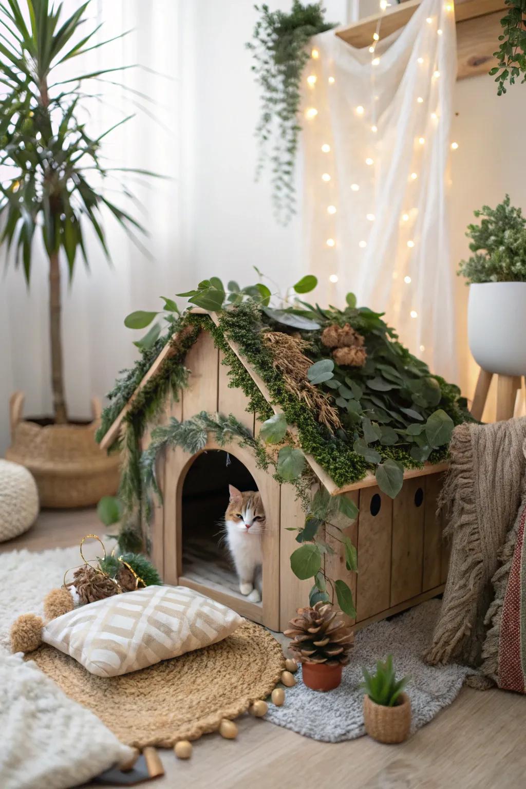 Whimsical plant-themed cat shelter.