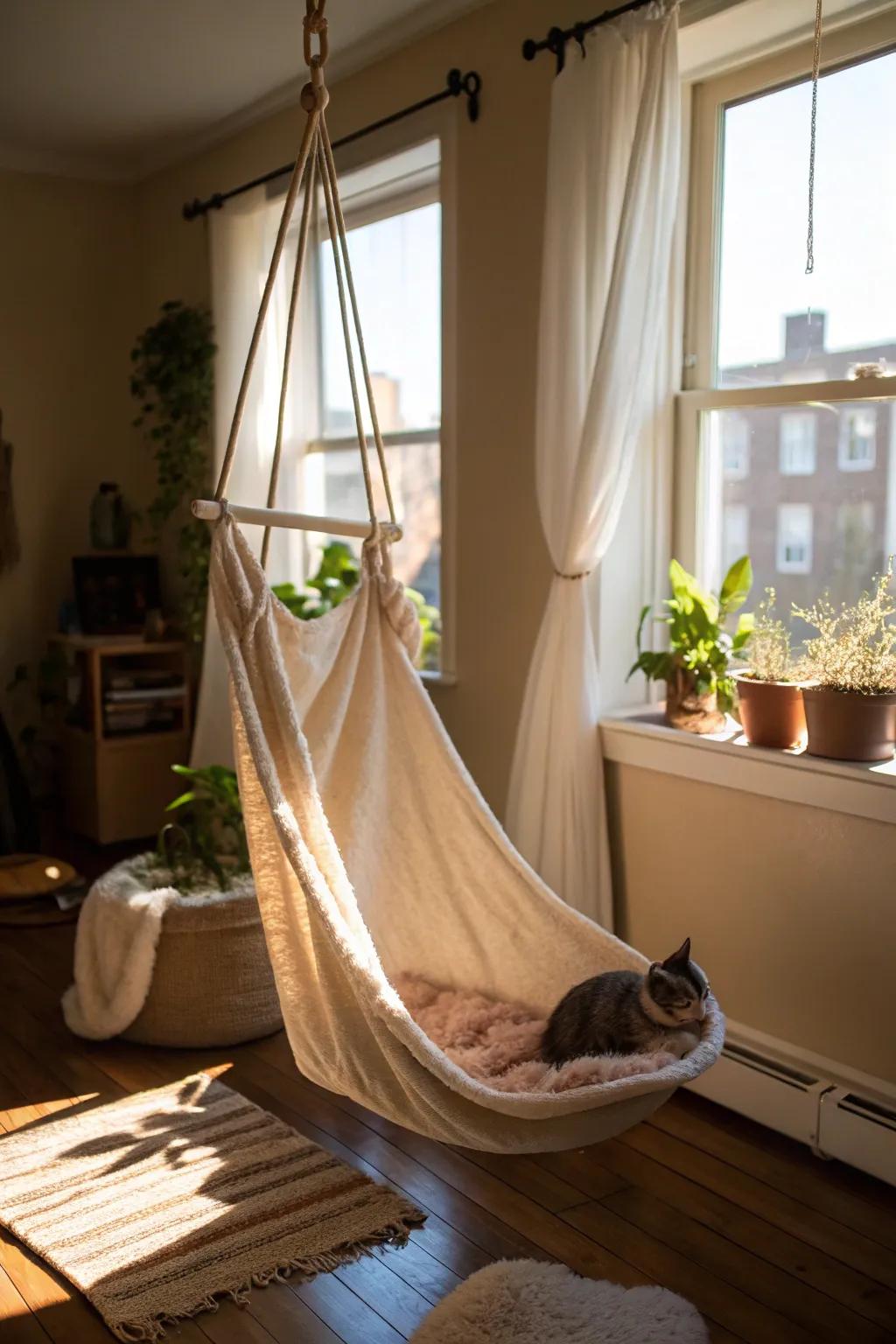 Suspended hammock giving cats a relaxing perch.