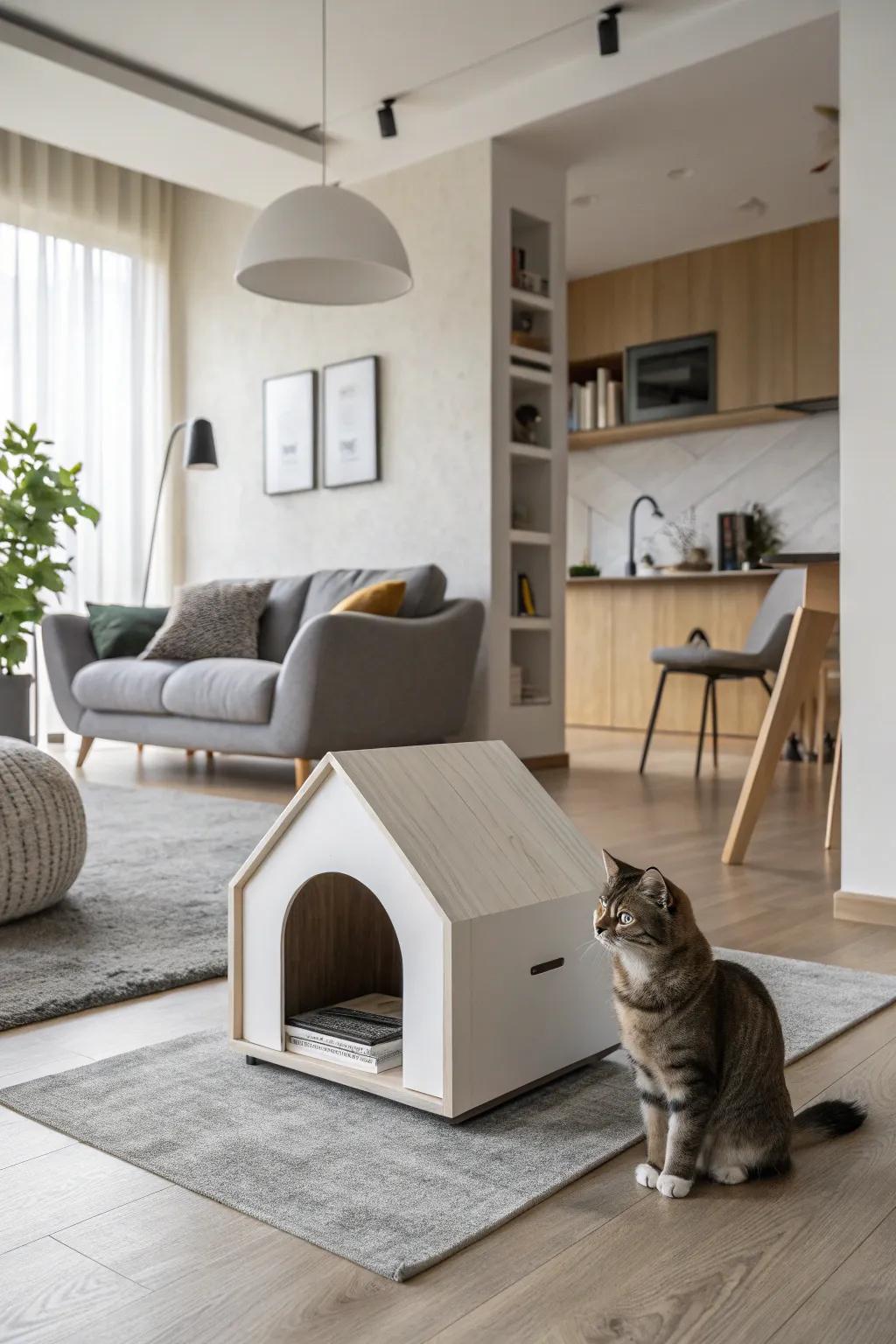 Modern minimalist cat house in neutral tones.