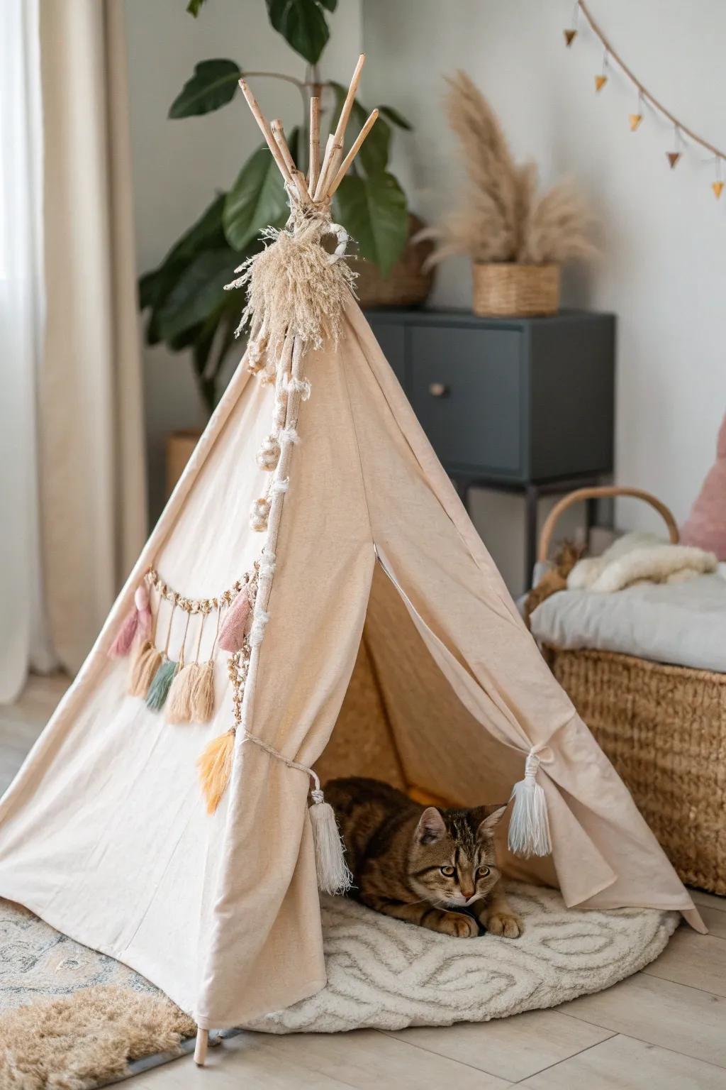 Boho-inspired cat teepee tent.