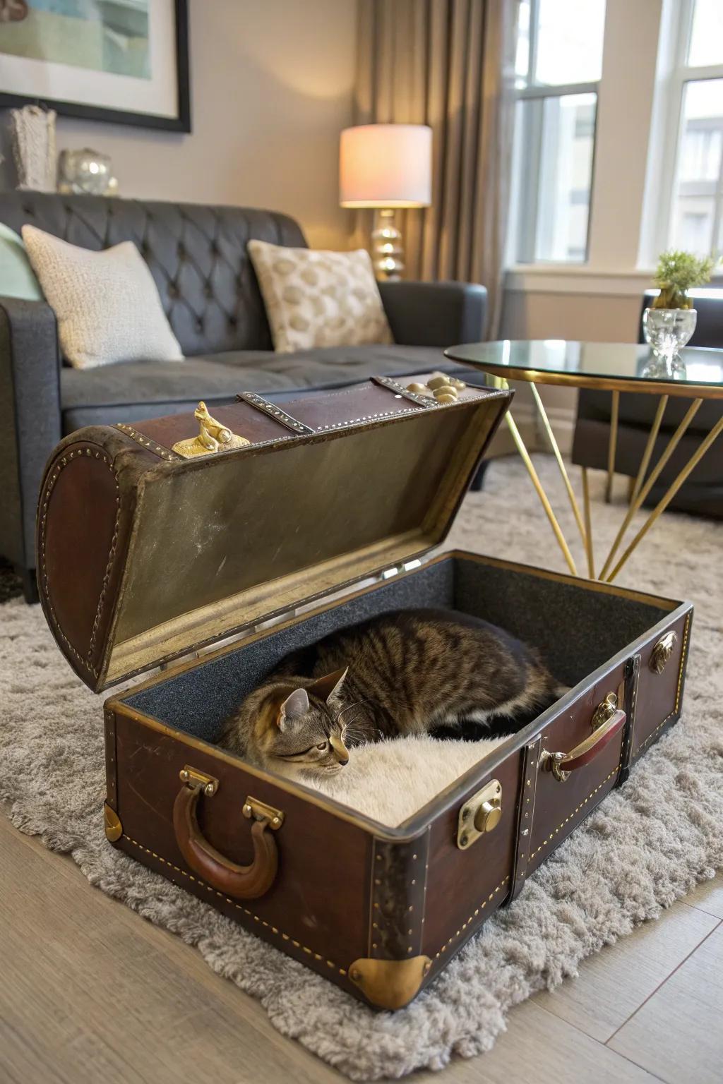 Vintage suitcase converted into an elegant cat bed.