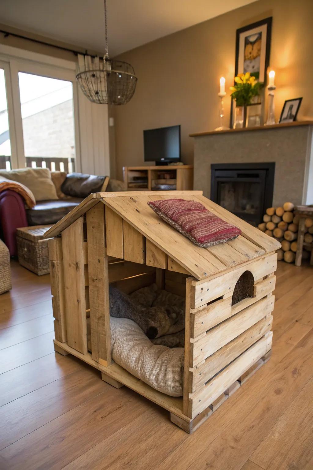 Rustic cat house made from wooden pallets.