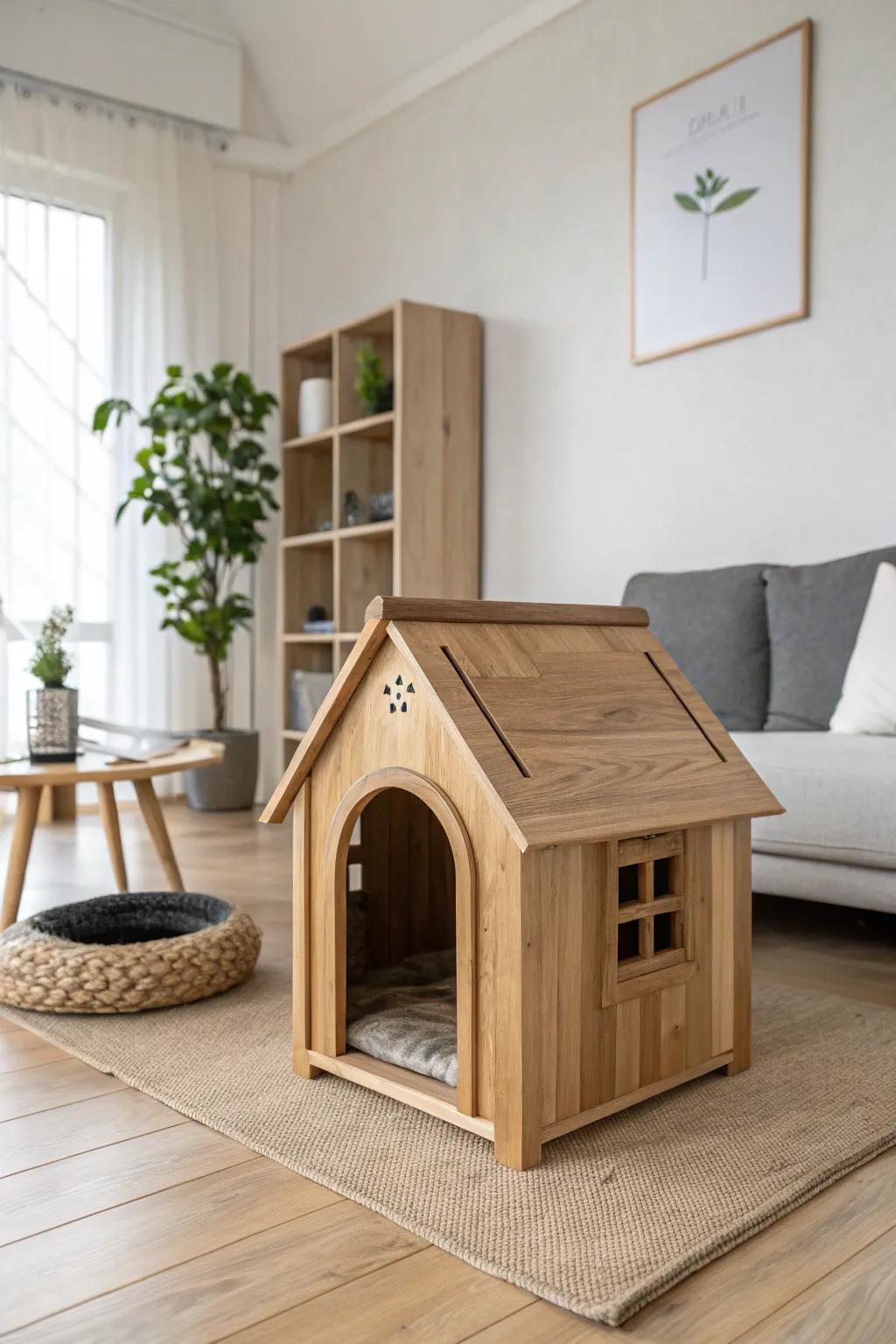 Elegant wooden cat house exuding rustic charm.