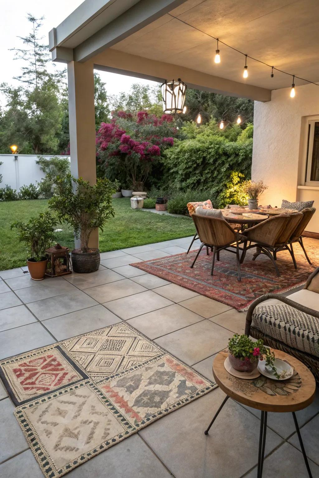 Blending tiles with outdoor rugs for cozy spaces.
