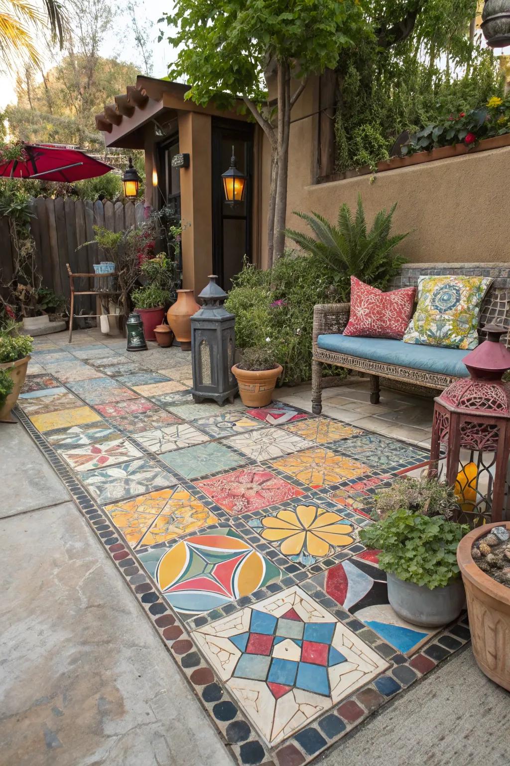 Mosaic tiles adding lively color and artistic expression.