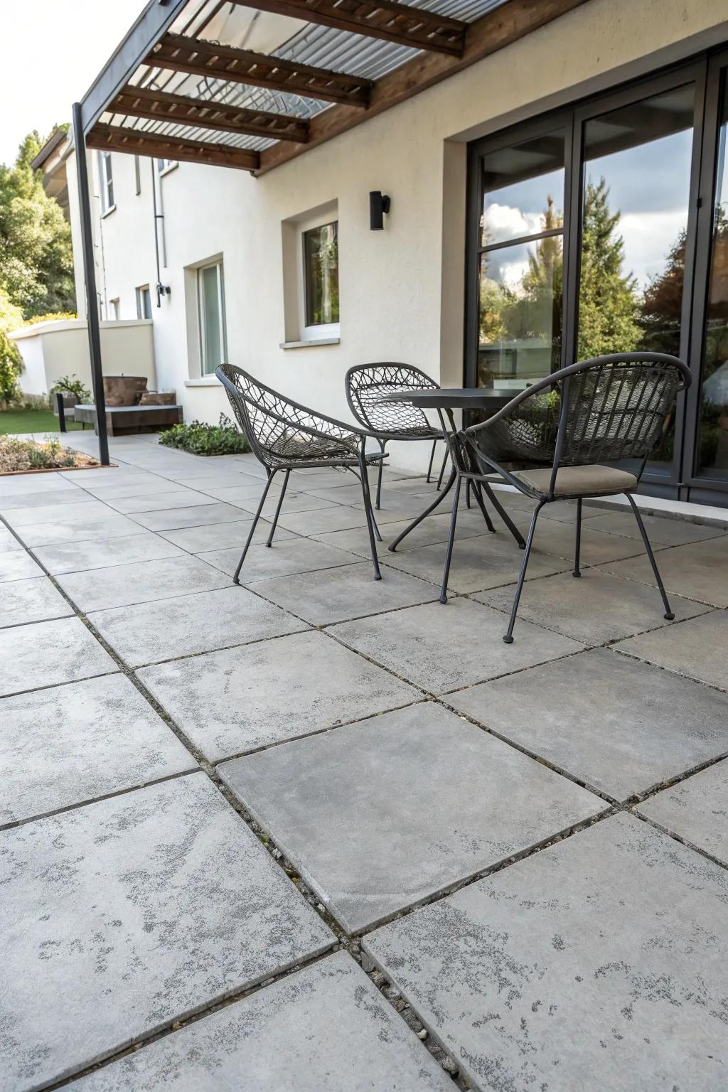 Concrete-look tiles promoting industrial modern style.