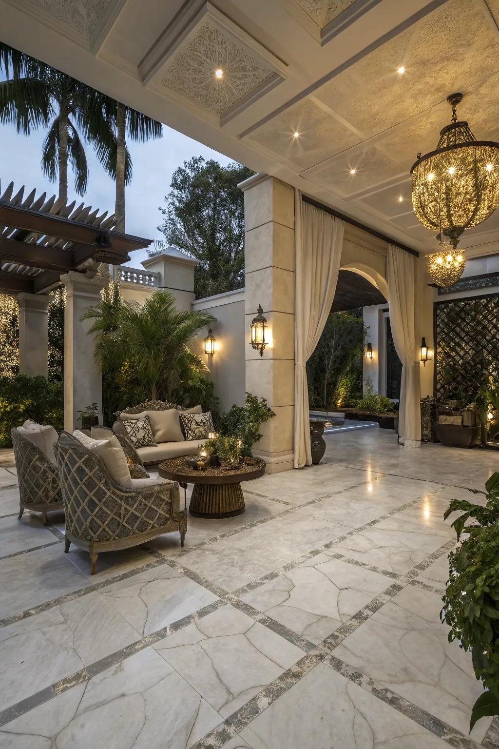 Marble-effect tiles offering high-end elegance outdoors.
