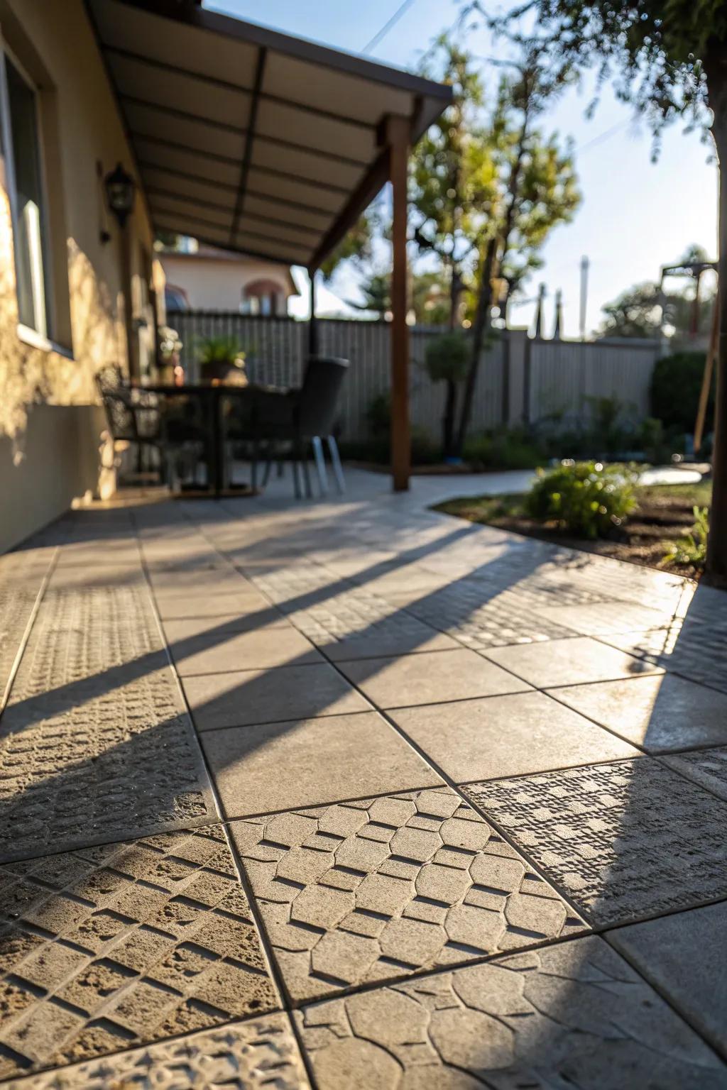 Textured tiles contributing depth and tactile interest.