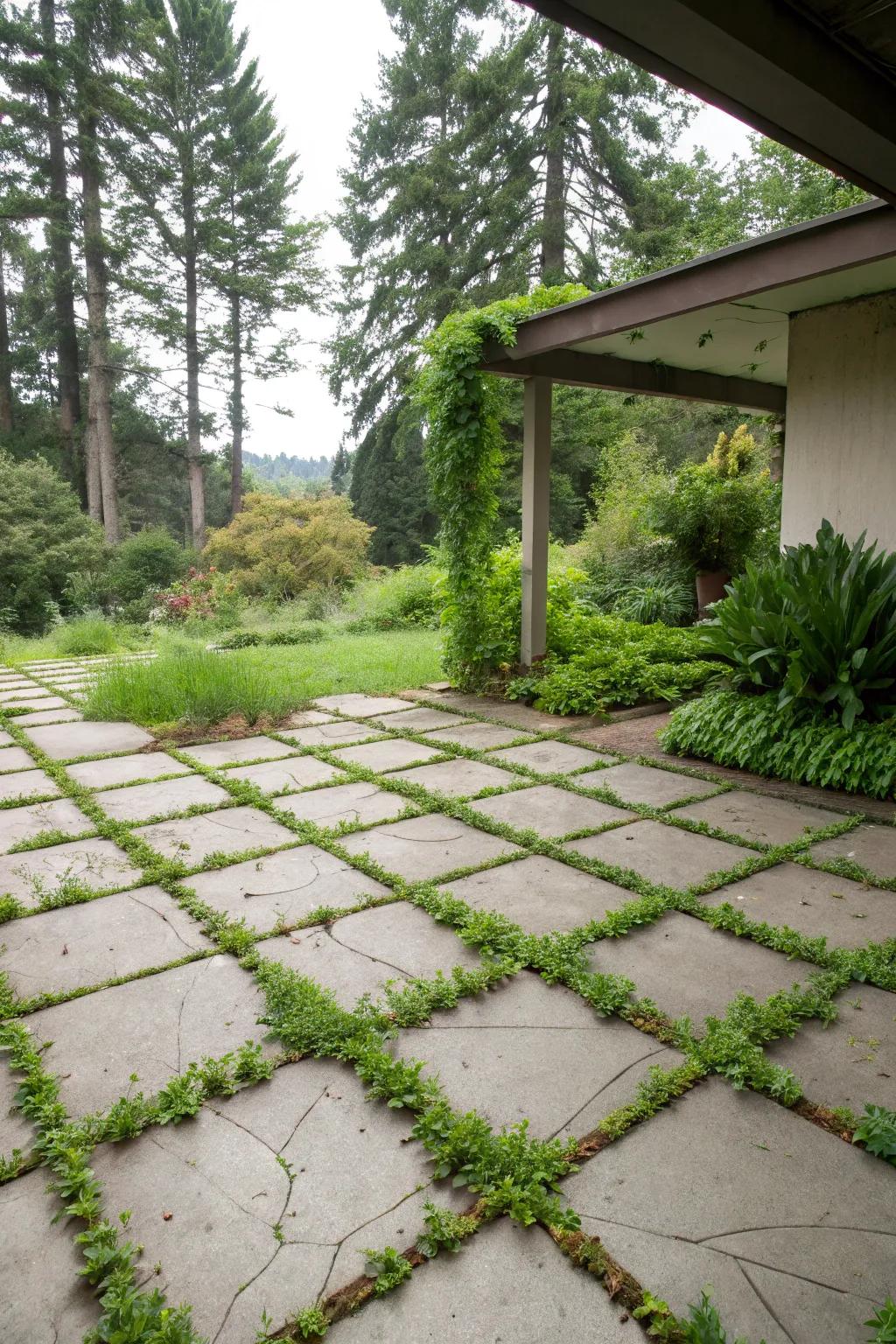 Tile gaps filled with greenery for natural harmony.