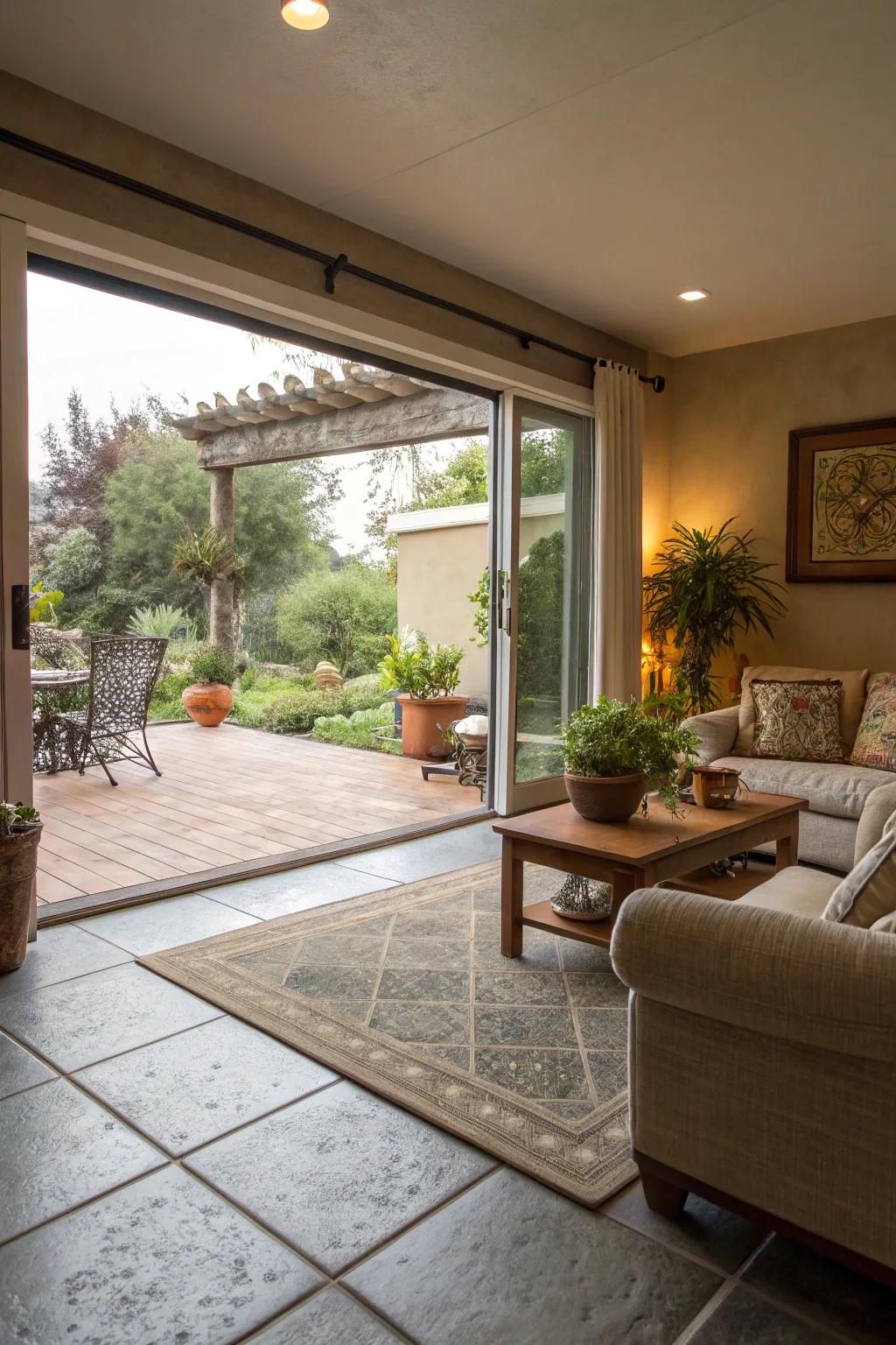 Matching tile patterns blend indoor and outdoor areas.