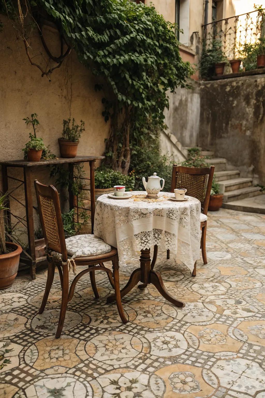 Vintage patterned tiles add warmth and timeless style.