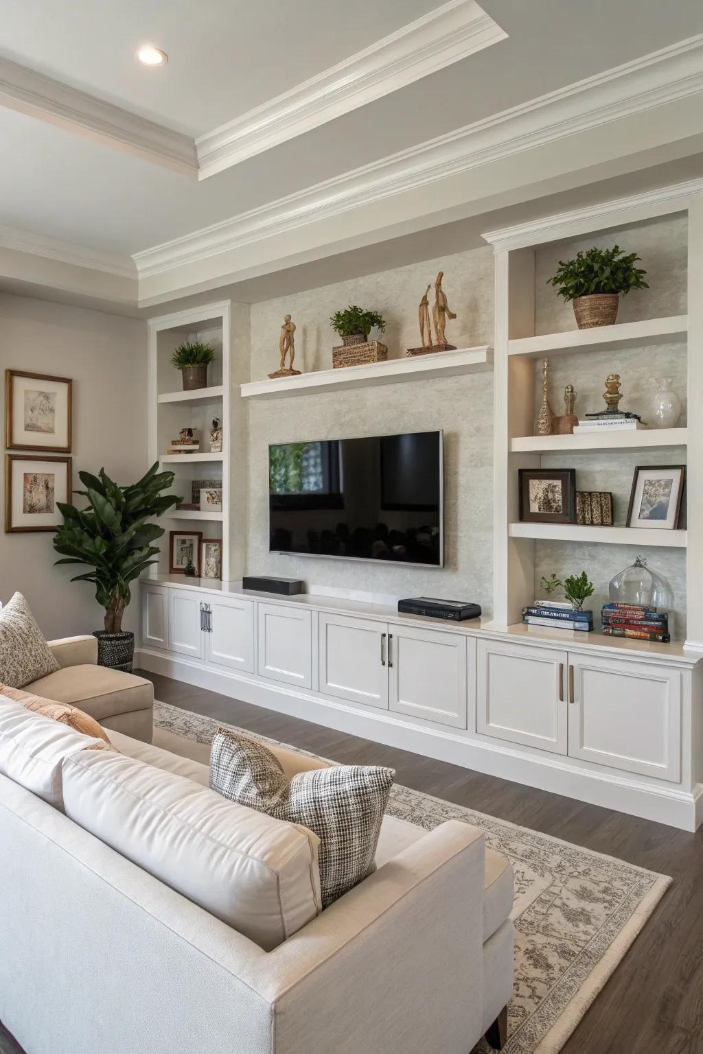 Floating shelves stylishly frame the TV area.