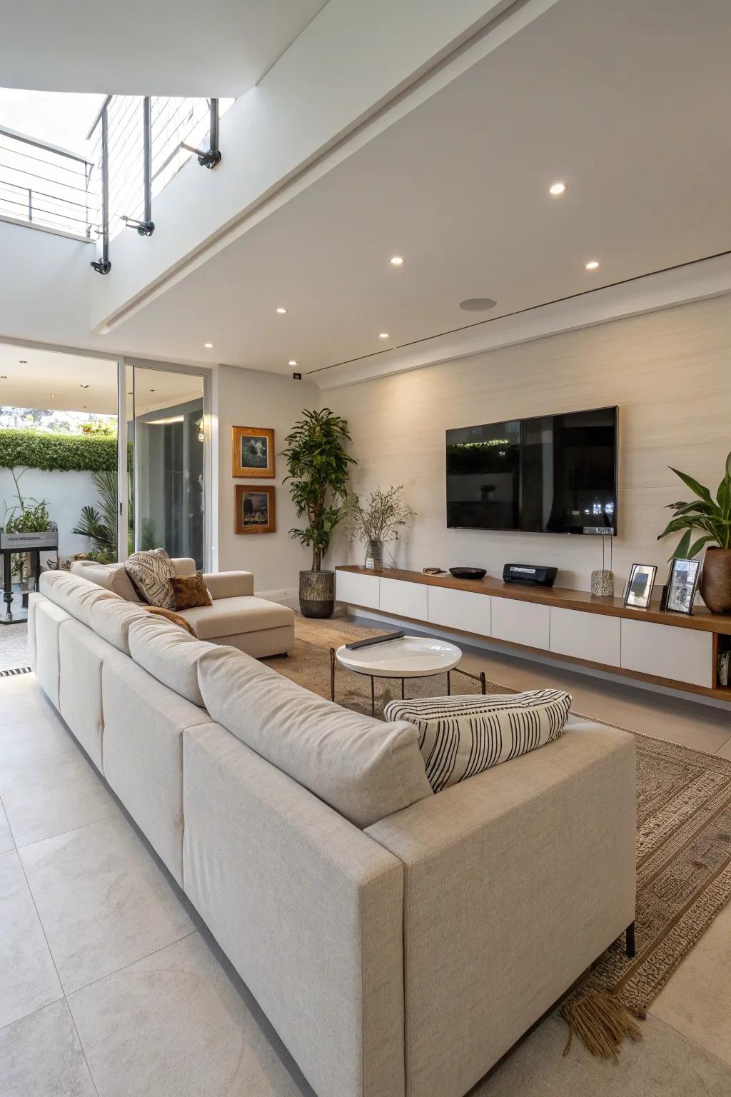 A spacious sectional fosters a welcoming atmosphere.