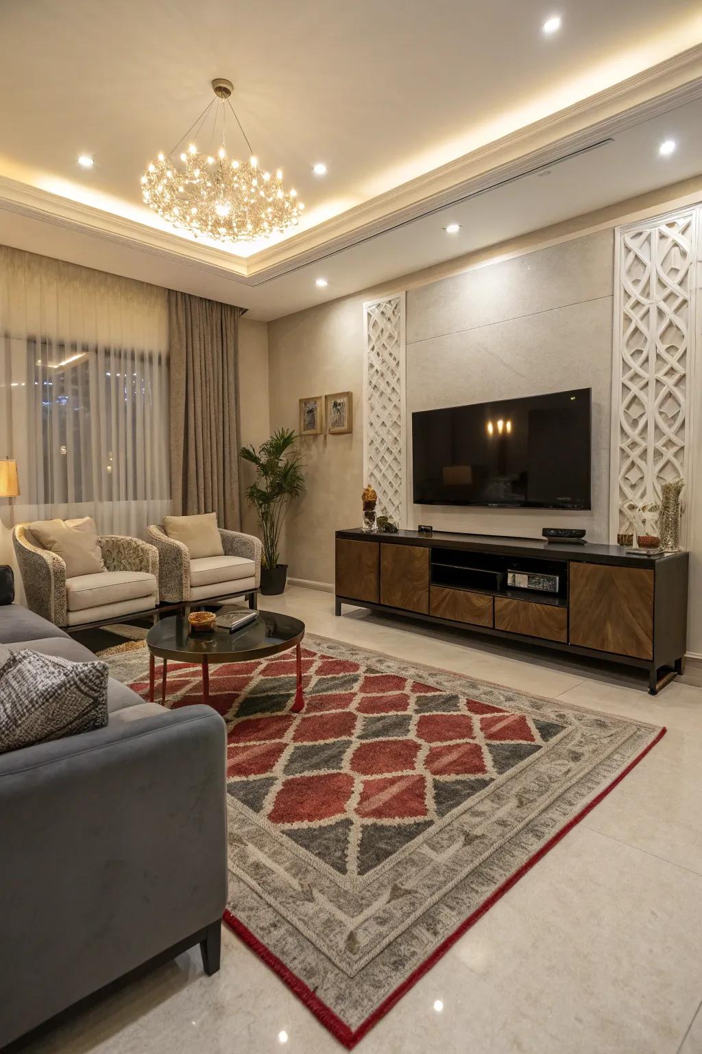 Bold rugs add dimension and warmth underfoot.