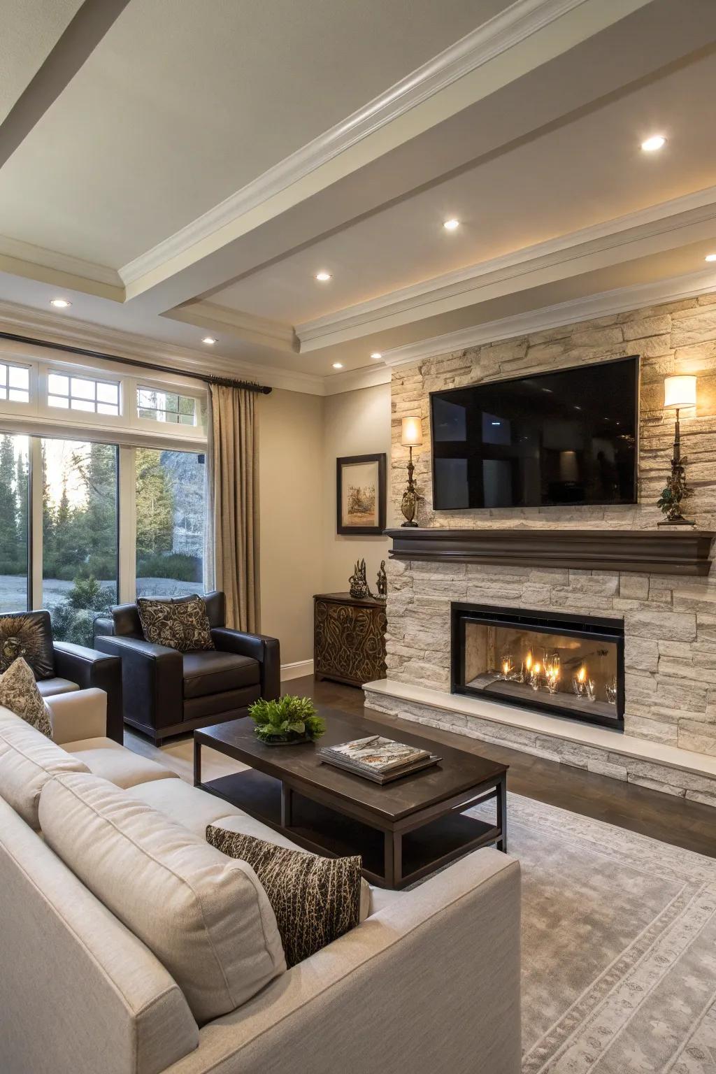 Fireplace and TV create a warm, dynamic focus.