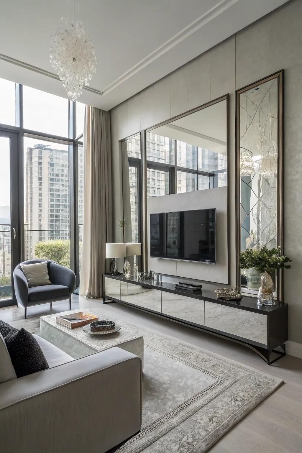 Mirrors amplify light and create spatial illusion.