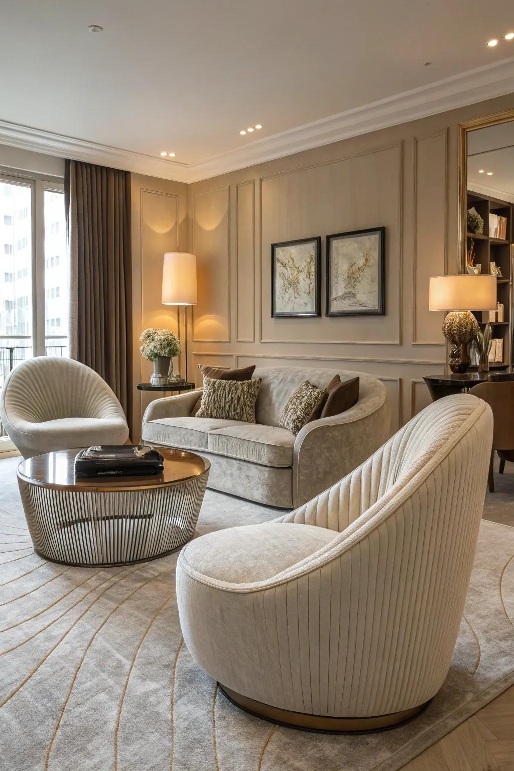 Rounded furniture offers warmth and flow contrast.