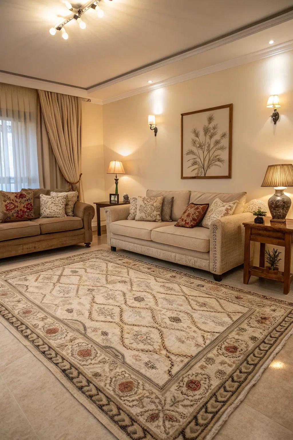 Patterns softly complement beige.