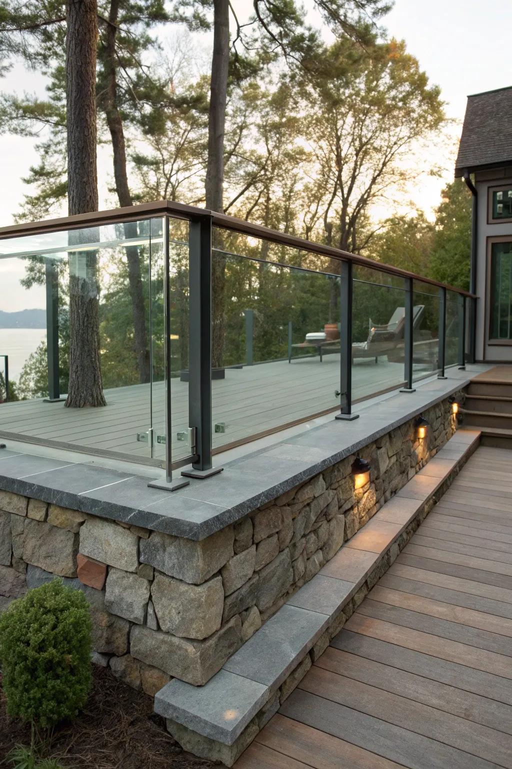 Innovative fusion of stone and glass skirting on a stylish deck.
