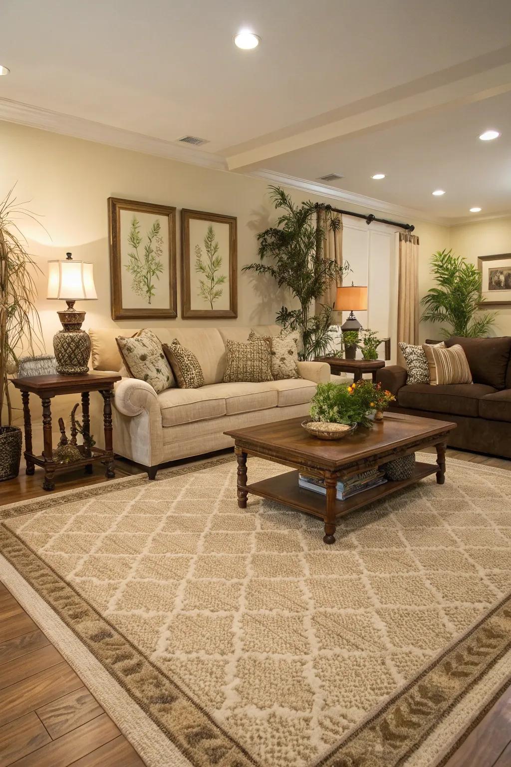 A bold rug defines the room.