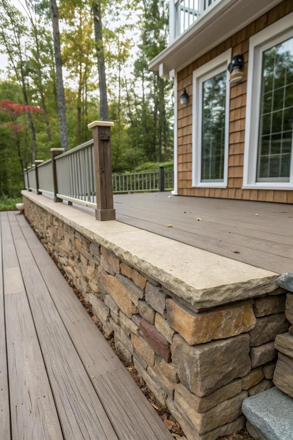 Eco-conscious stone skirting integrated into a sustainable deck.