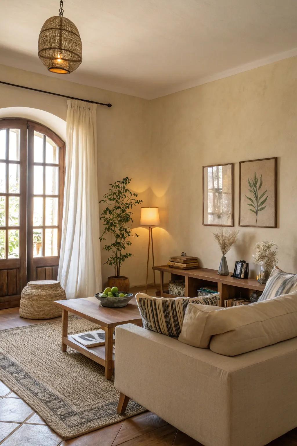 Beige walls exude calm and spaciousness.