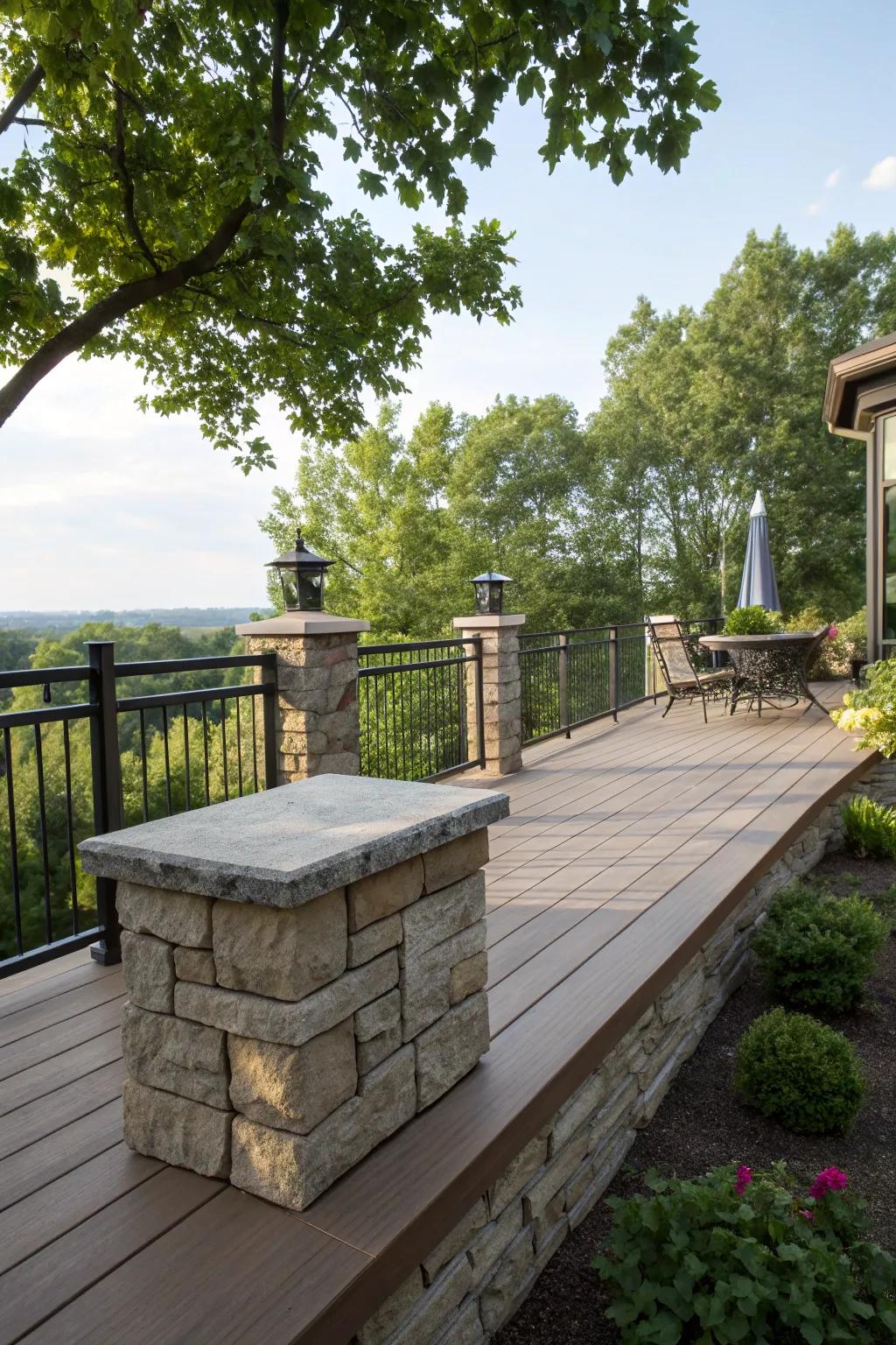 Modern stone deck skirting accentuated with metal elements.