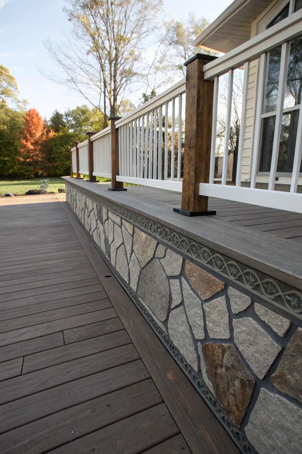Deck adorned with artistic stone pattern skirting.