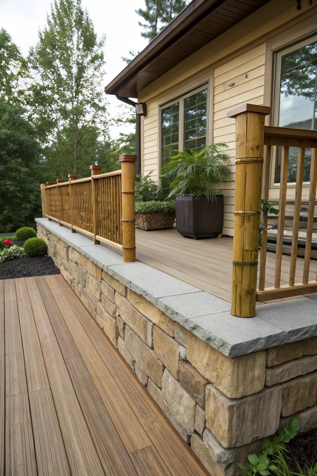 Calm deck area featuring stone and bamboo skirting with tranquil vibes.