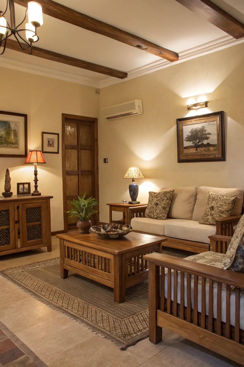 Wood accents enrich beige rooms.