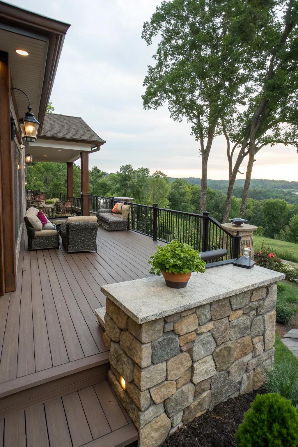 Elevated deck featuring seamless stone skirting for a polished finish.