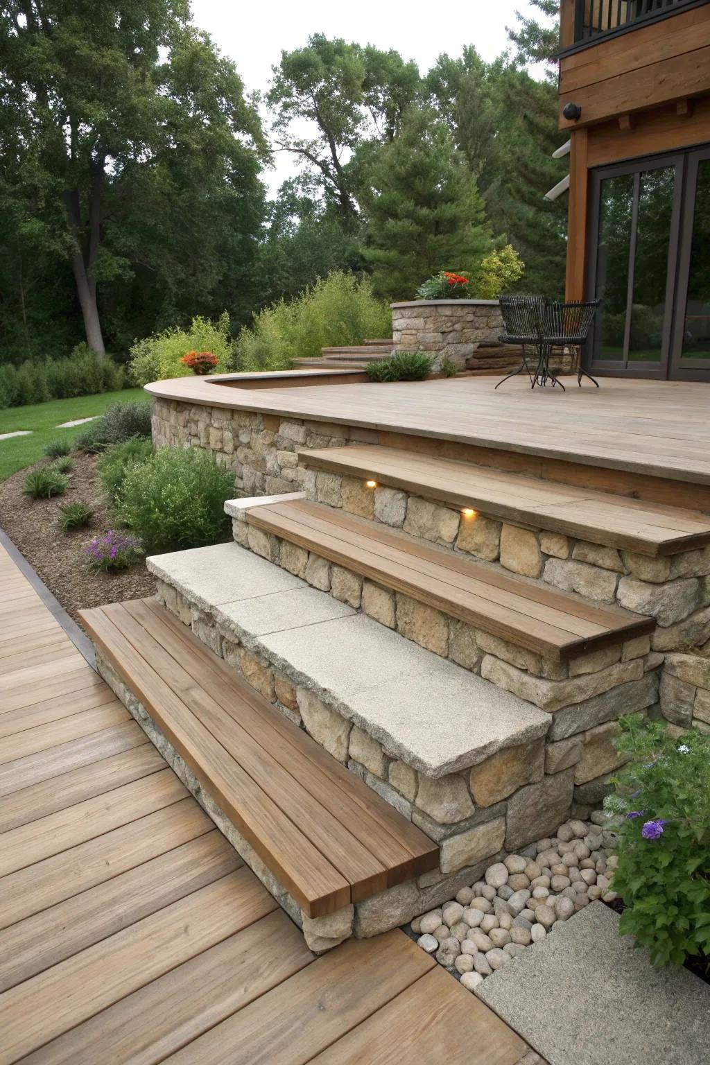 Stone steps incorporated within the deck skirting design.