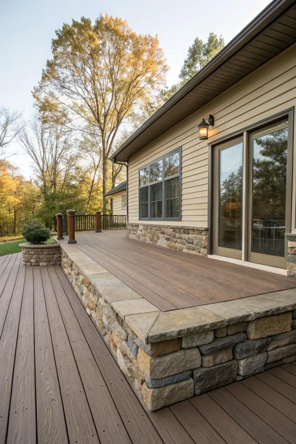 Stone skirting reflecting color harmony with the home's exterior.