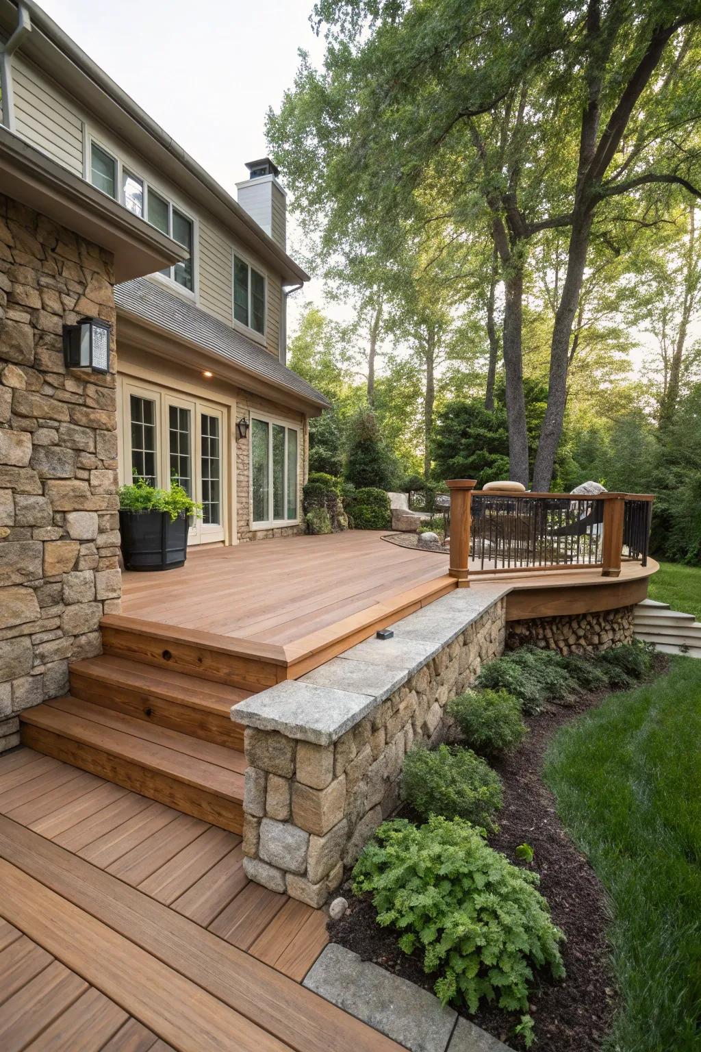 Deck skirting combining stone and wood for inviting rustic allure.